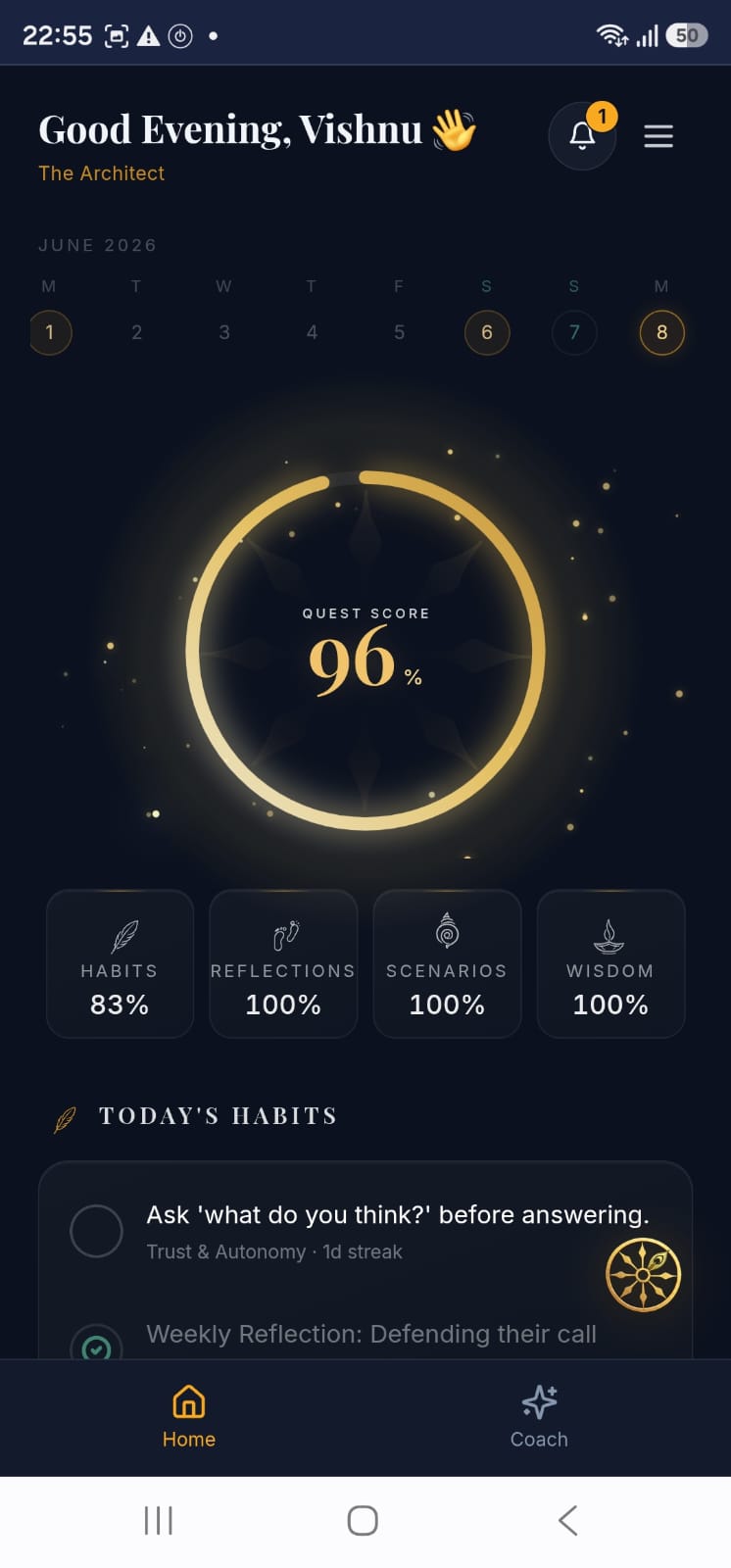 LeaderOS leadership app showing leadership score and daily habits
