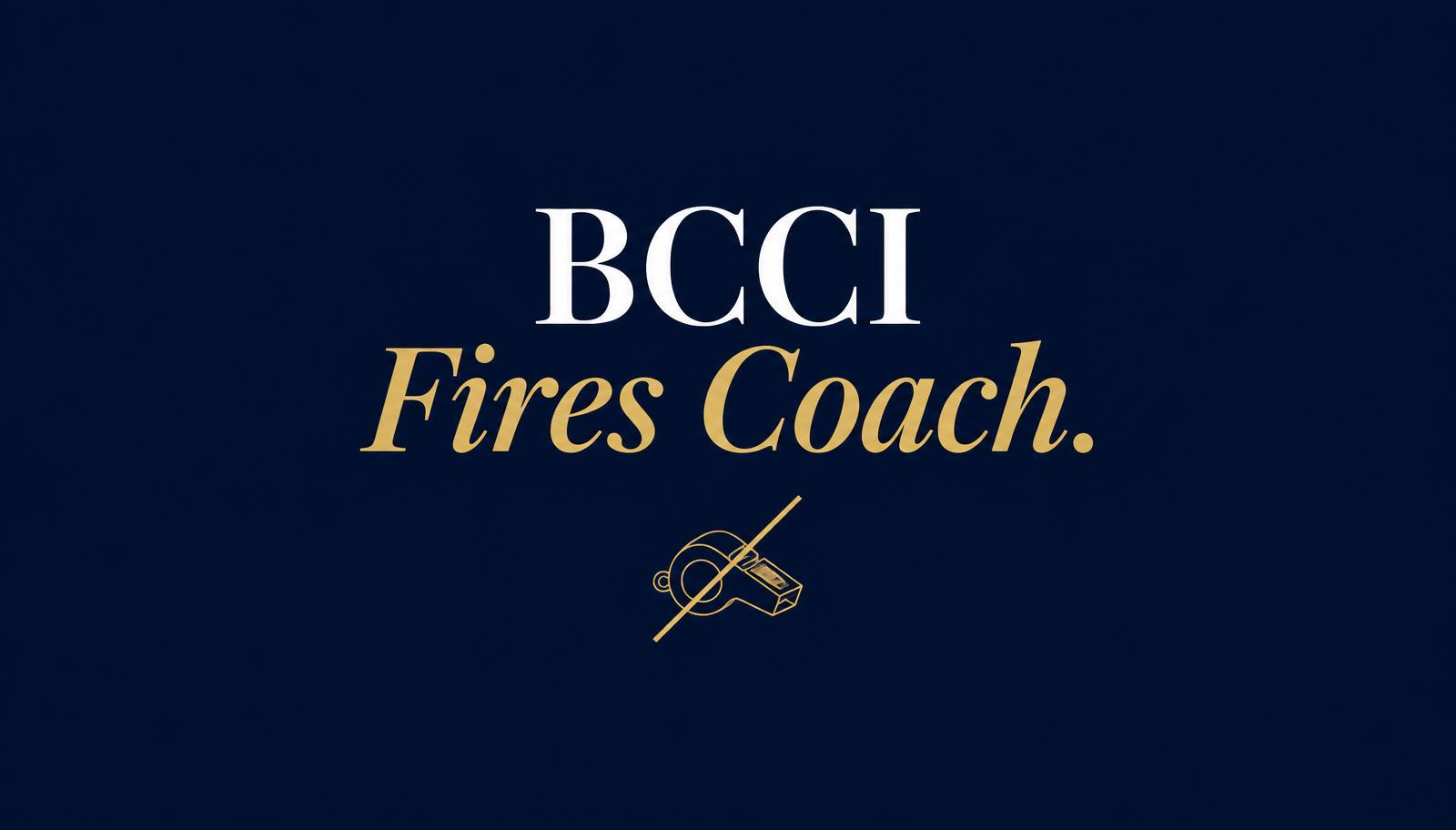 The words BCCI in white serif and Fires Coach. in large gold italic serif, above a thin-line gold illustration of a crossed-out whistle, on a navy background.